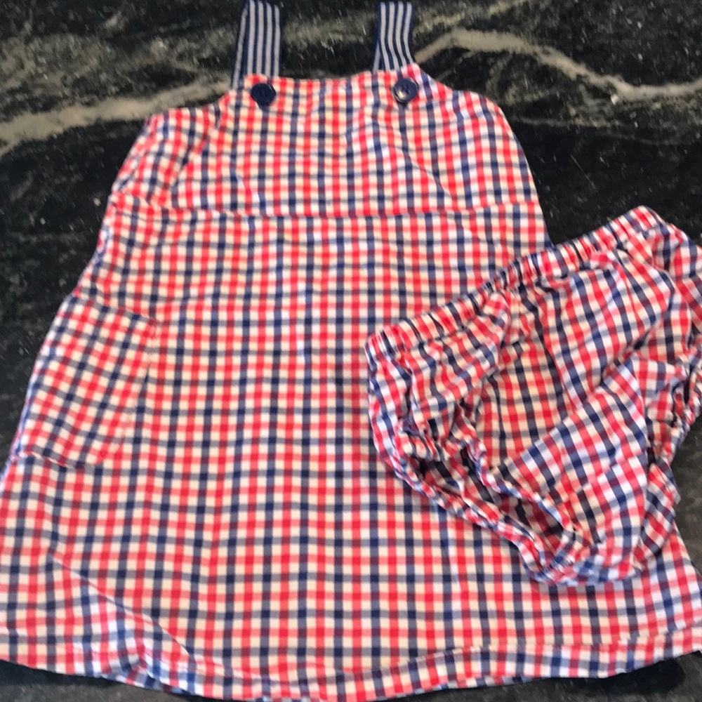 Baby Gap Vintage Rare Checkered dress white blue plaid flag & bloomers